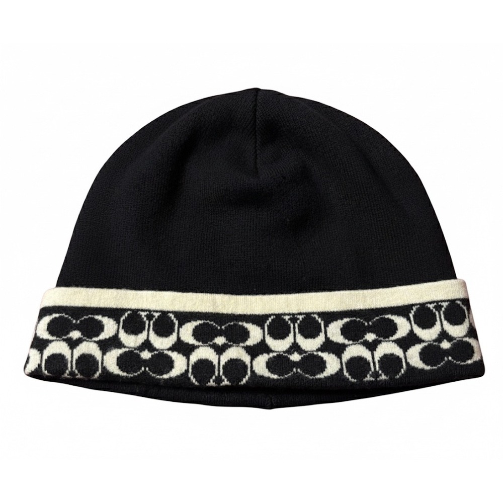 COACH Merino Wool Beanie Hat Black Ivory Signature C Logo‎ OSFM Skull Cap
